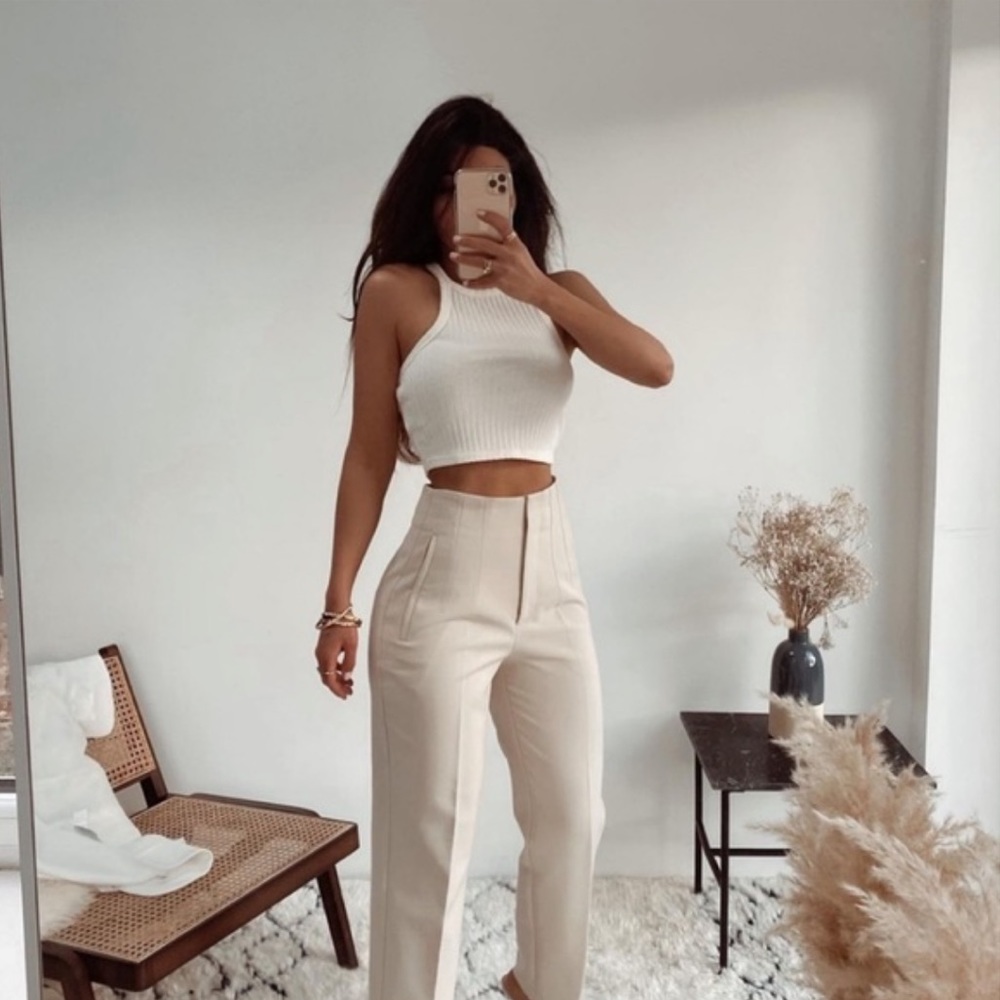 ZARA HIGH-WAISTED PANTS OYSTER WHITE/ZARA ANKLEE CROPPED PANTS Large